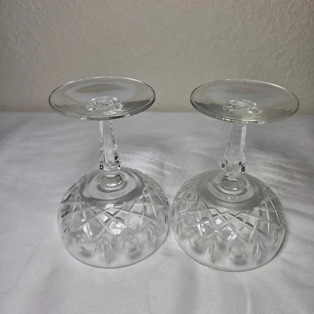 Vintage Cut Crystal Champagne Coupe Glasses Set/2 Starburst Cross Hatch Stemmed